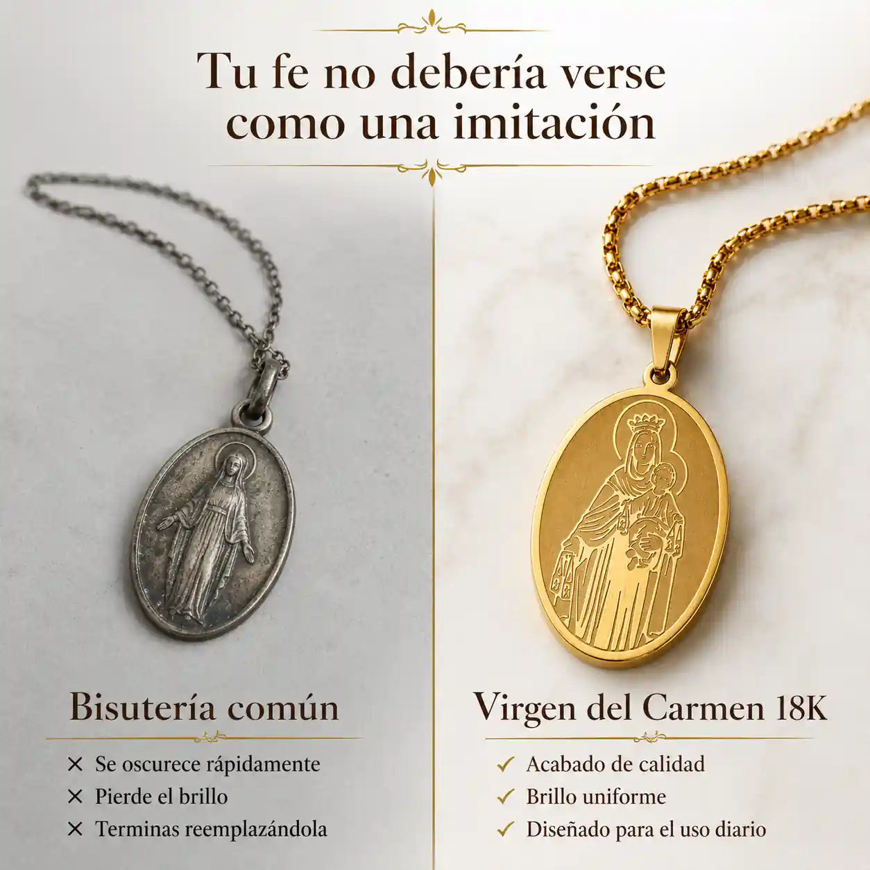 Lleva a la Virgen del Carmen contigo, en oro de 18 quilates