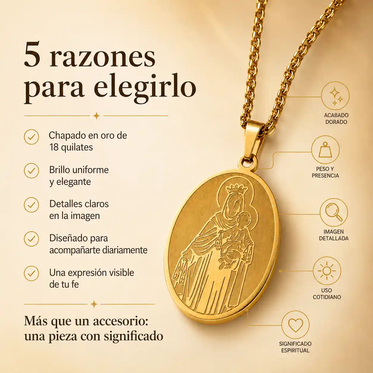 Lleva a la Virgen del Carmen contigo, en oro de 18 quilates
