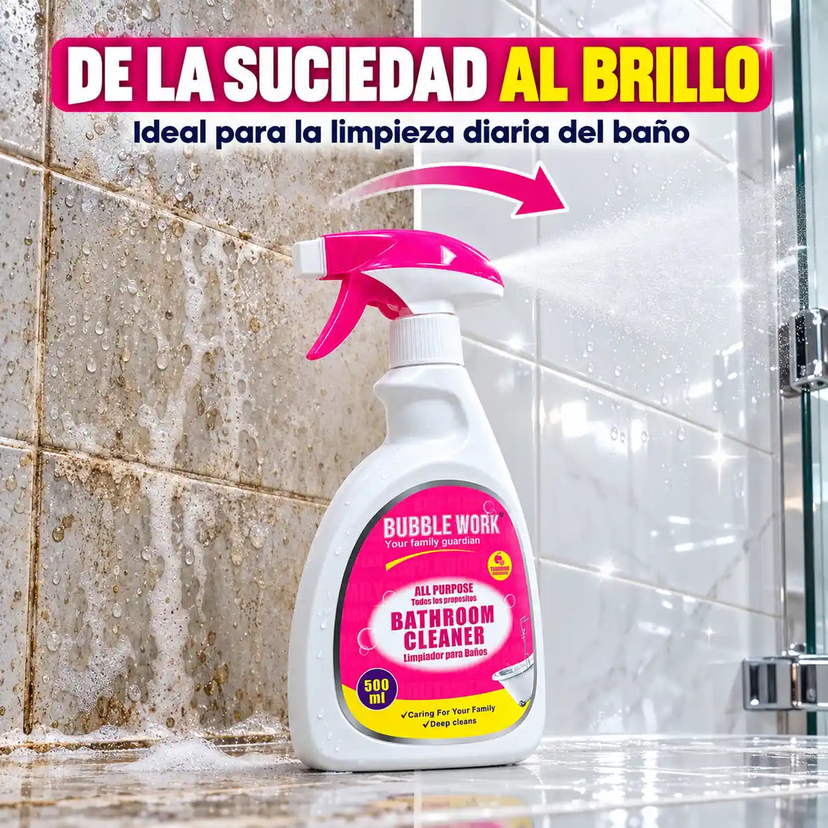 Deja tu baño brillando como nuevo en minutos, sin tallar hasta que te duelan los brazos