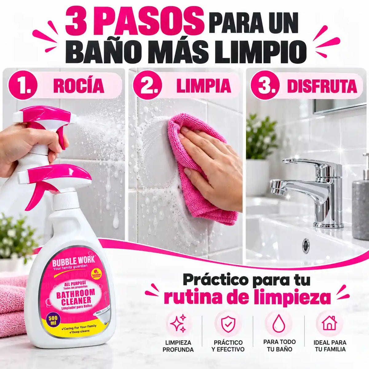 Deja tu baño brillando como nuevo en minutos, sin tallar hasta que te duelan los brazos